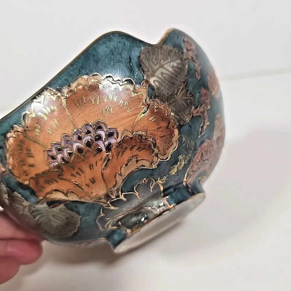 Cloisonné Multicolored Floral Bowl Vintage Chinese Gilded Teal Gold Decor 6